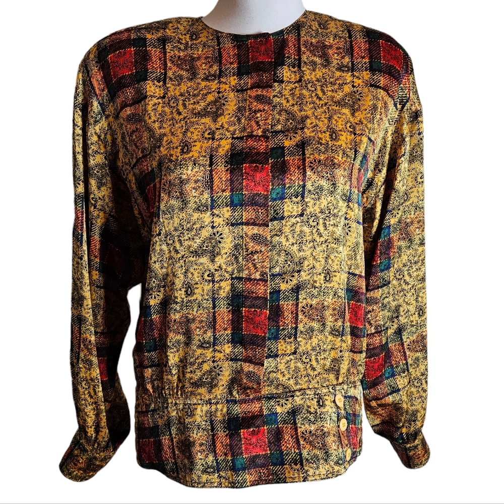 Vintage Julie Francis 100% Silk Paisley Baroque Print Button Up Blouse Size 4